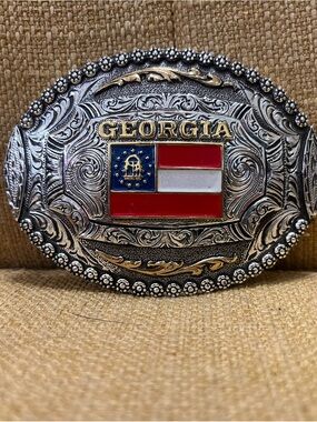 Georgia Flag Western Belt Buckle - Silver and Red